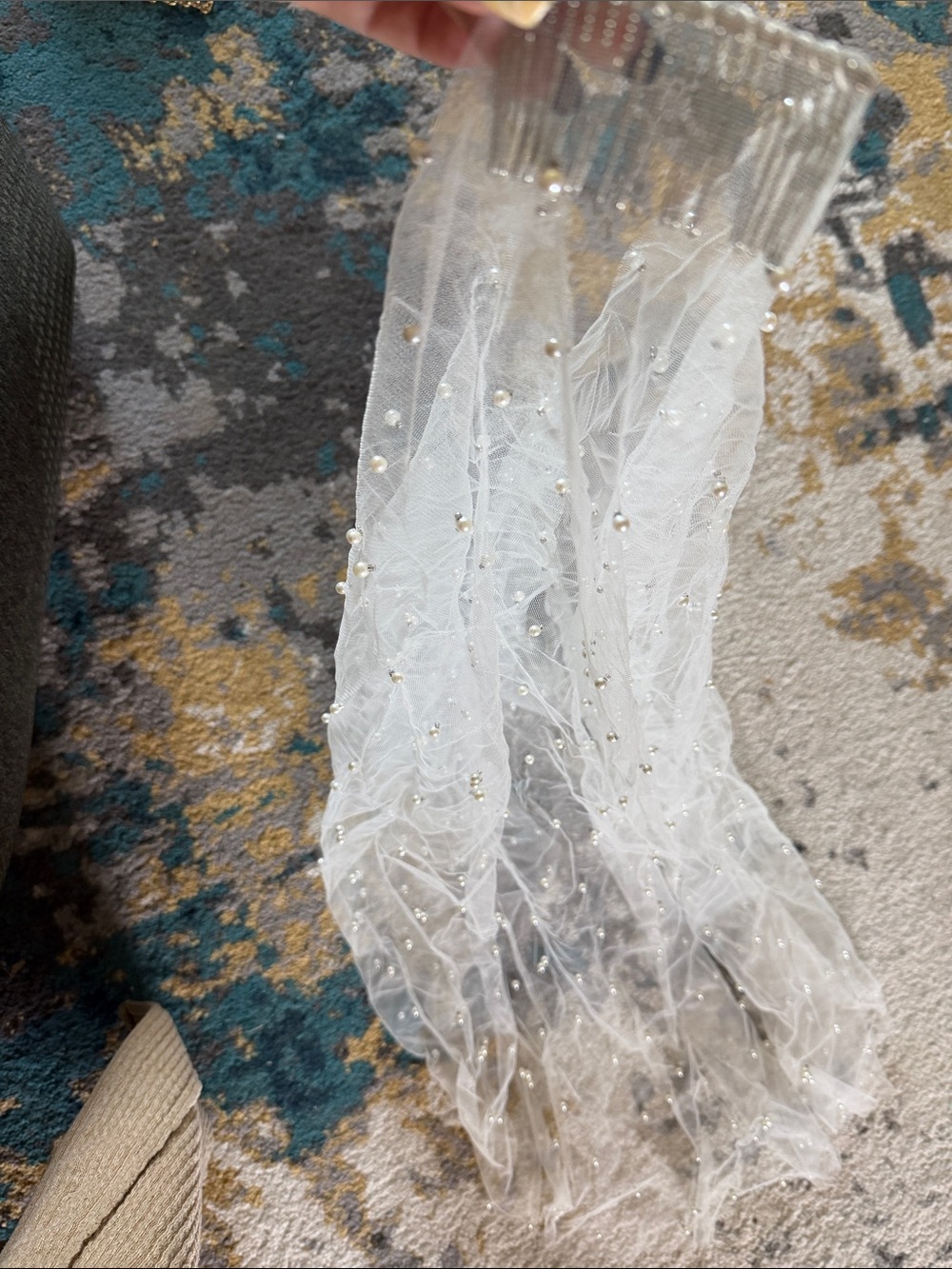 Pearl-Embellished White Tulle Hair Comb